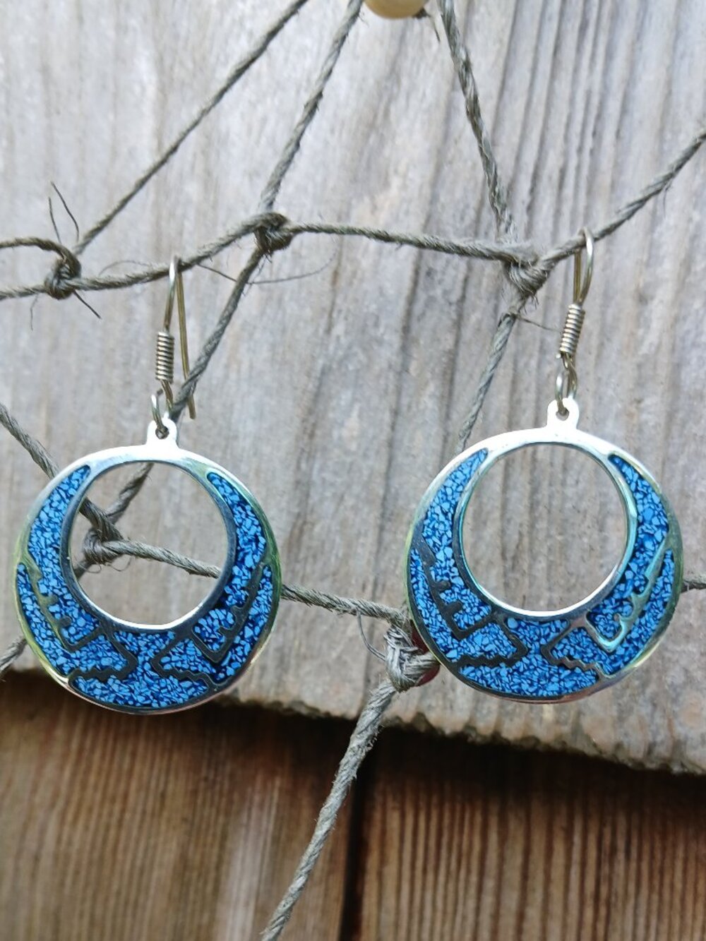 Mexico silver with Crushed Turquoise inlay circle earrings for pierced ears BOHO